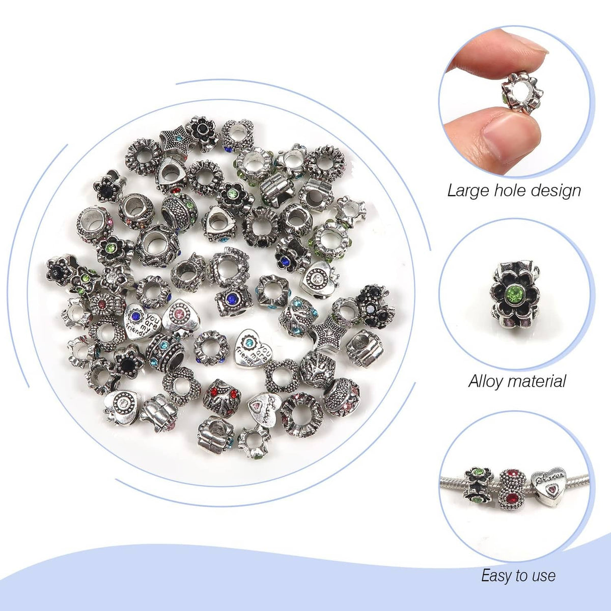 Assorted silver-tone alloy charm beads with colorful rhinestones and large hole openings