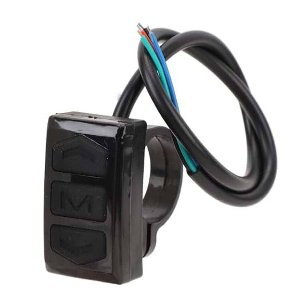 Black e-bike handlebar switch control unit close-up with two button keys and cable