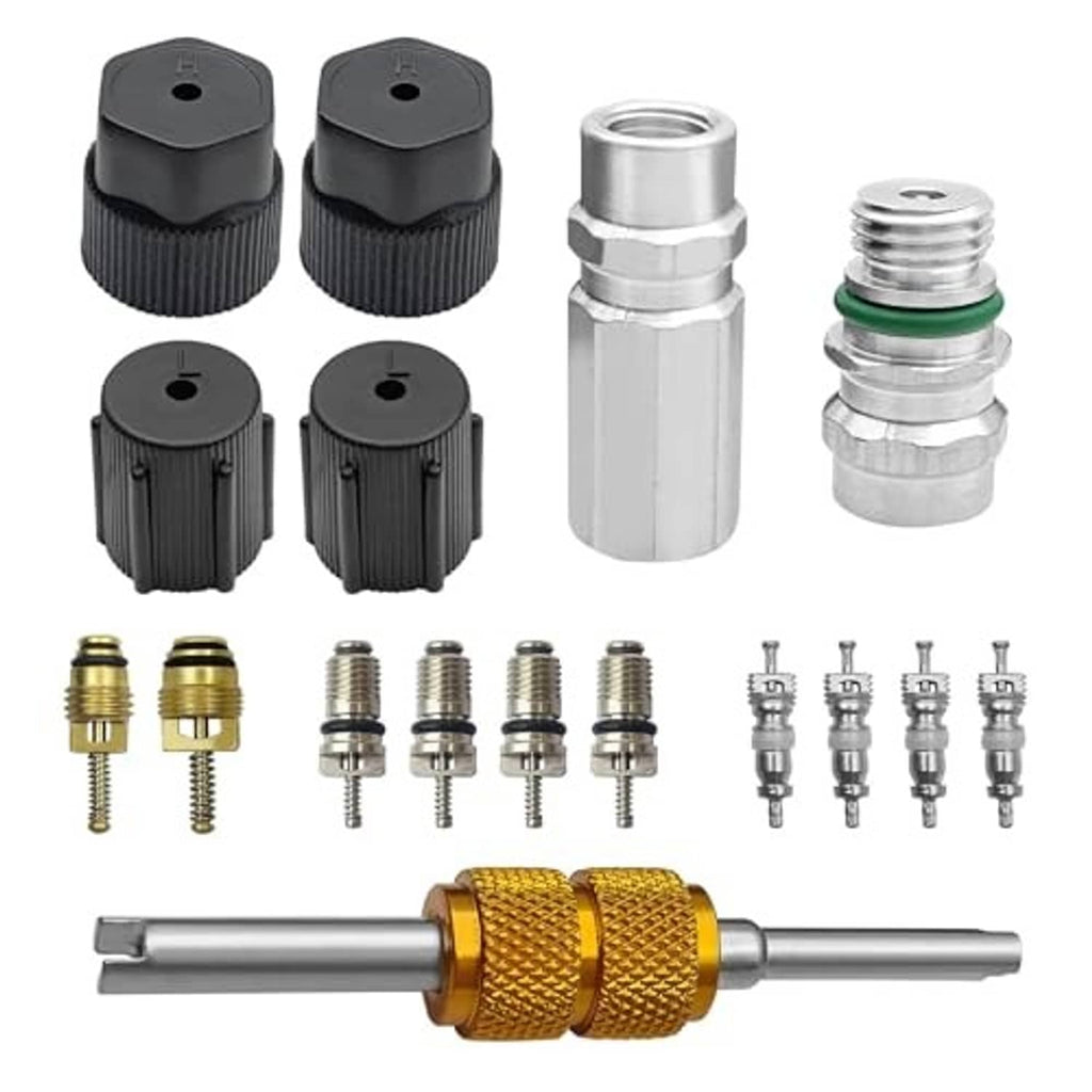 AC valve core service kit with removal tool, black caps, silver connectors, and brass adapters