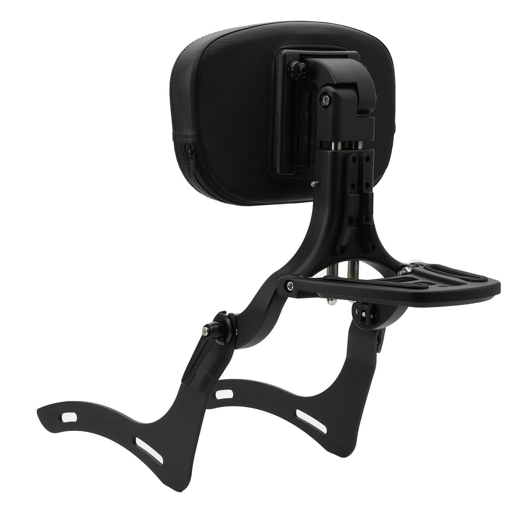 Motorcycle sissy bar backrest with black padded support and adjustable mounting post