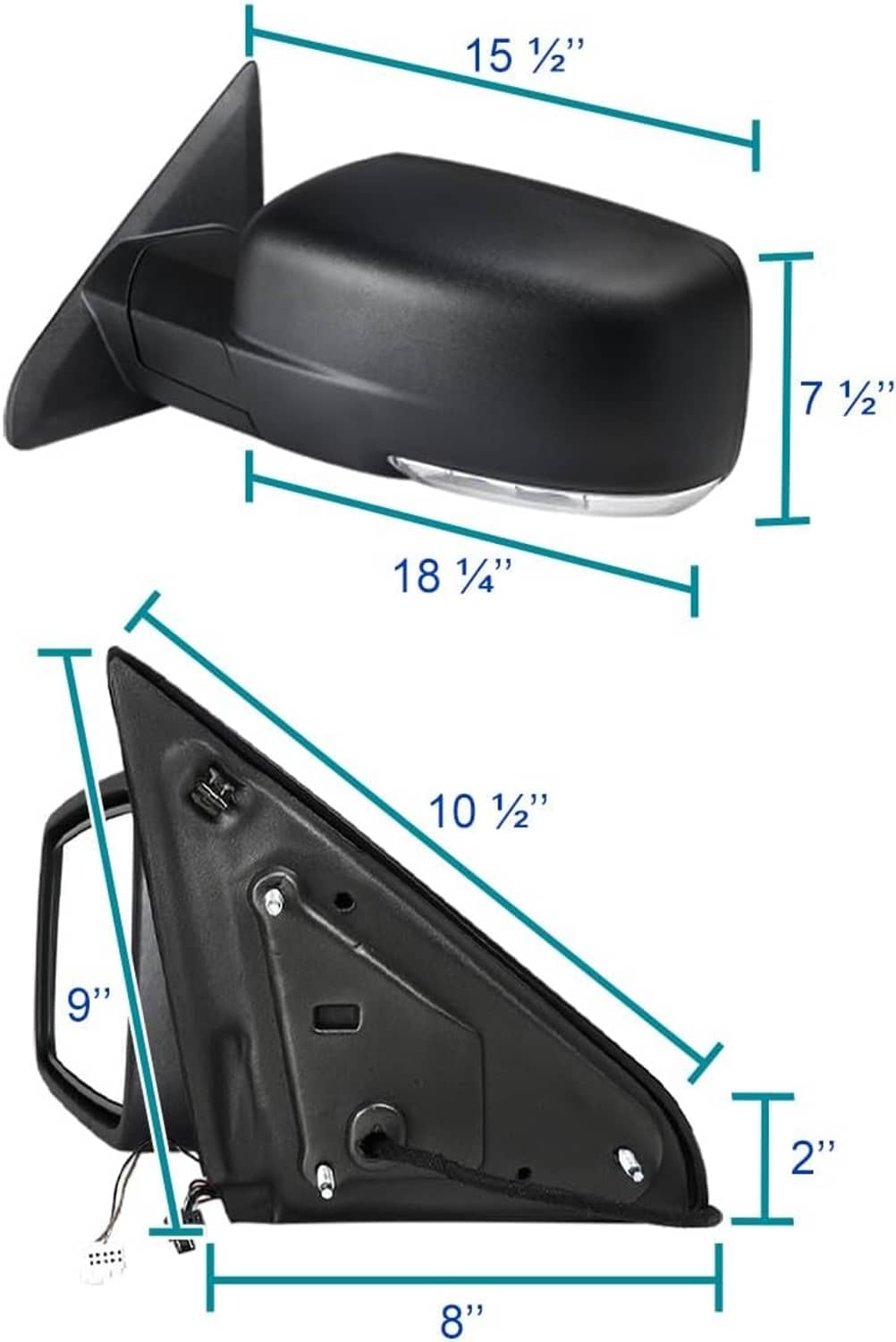 Left driver-side heated side mirror with dimensions for housing and mounting panel