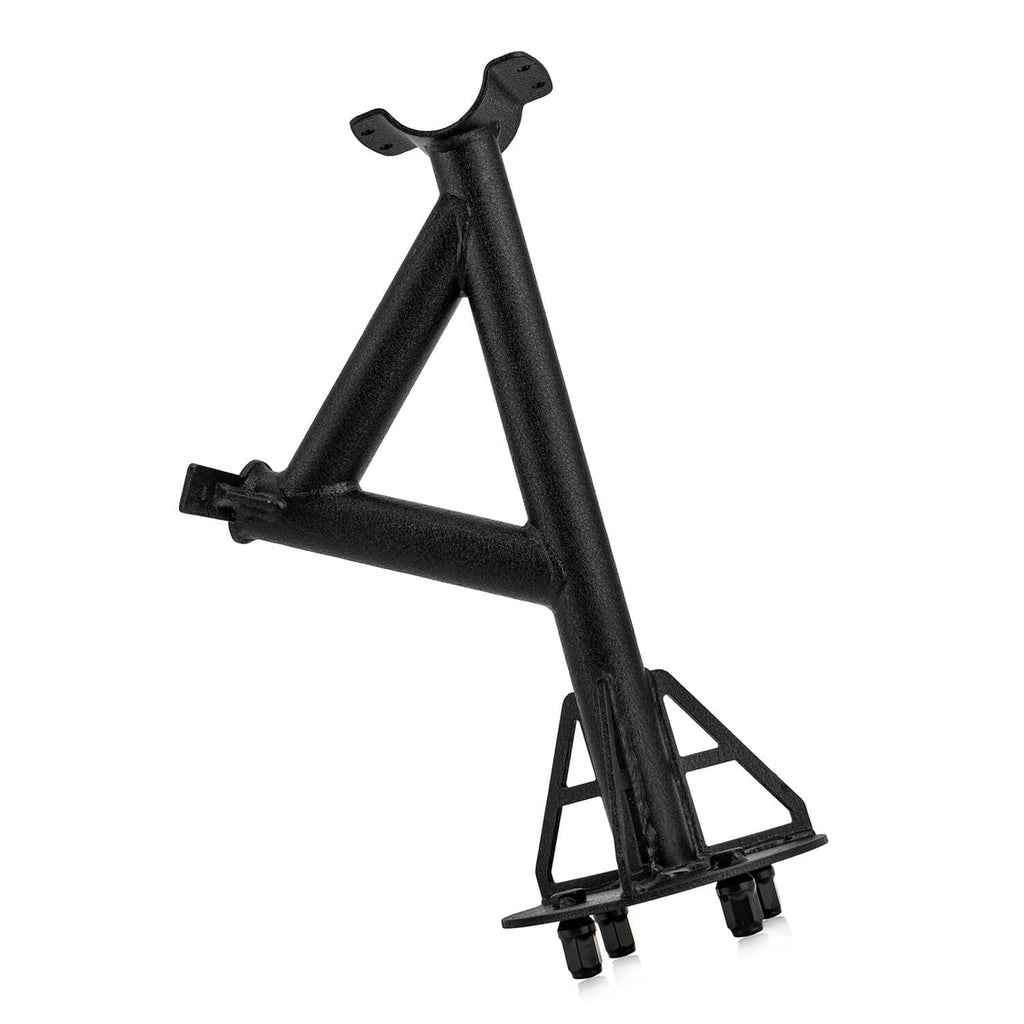 Spare tire carrier mount rack holder, triangular frame with curved top mount and support bar, black