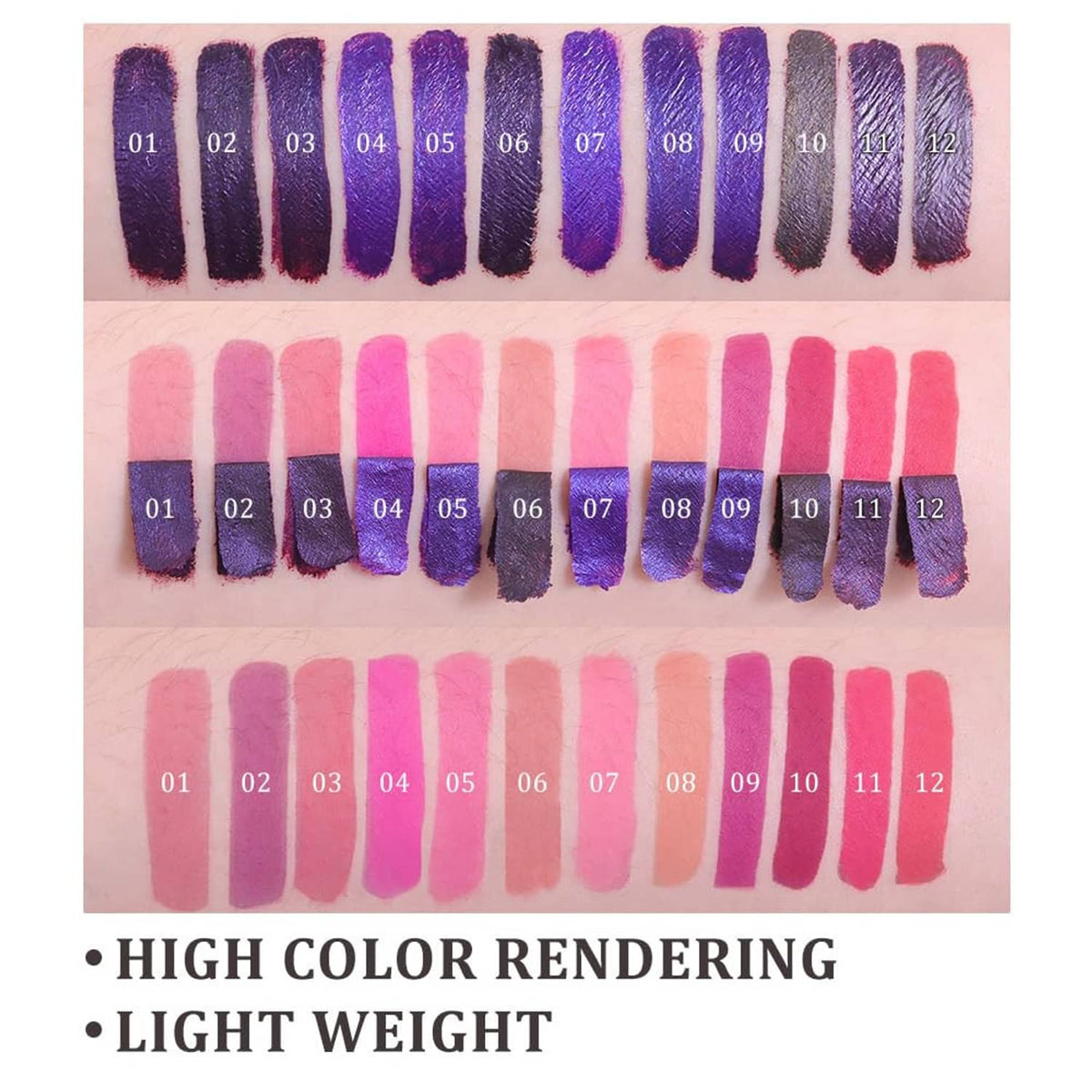 Lip stain swatches on skin showing purple, pink, and red matte shades in rows