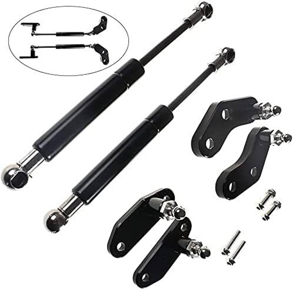 Black gas strut pairs with mounting plates, pins, and included fasteners