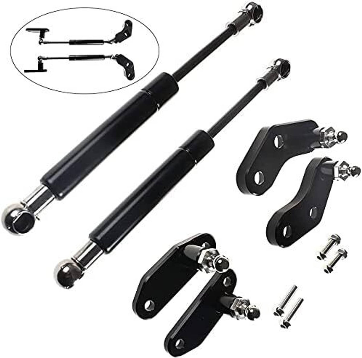 Black gas strut pairs with mounting plates, pins, and included fasteners