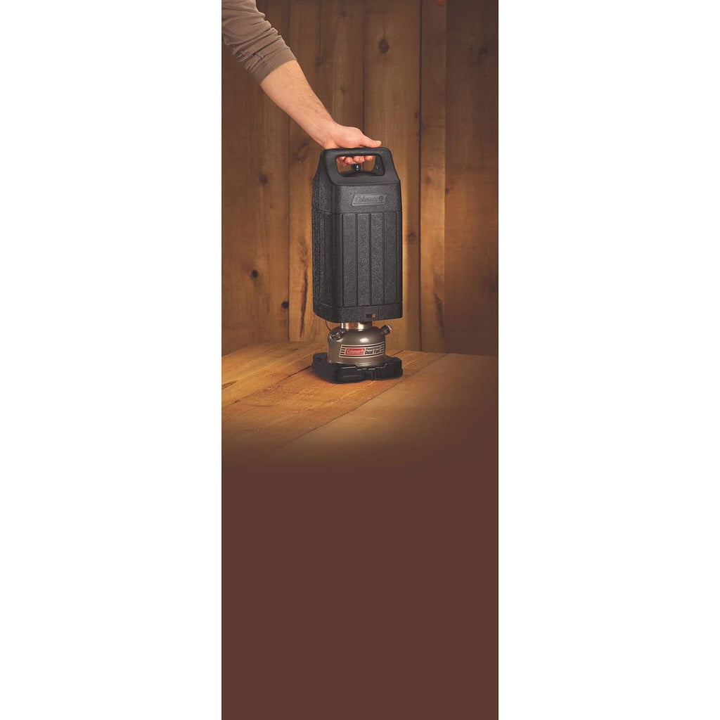 Protective lantern carry case with handle, enclosing a lantern