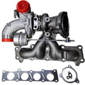 Turbocharger assembly with red cap, silver housing, and black exhaust manifold gasket
