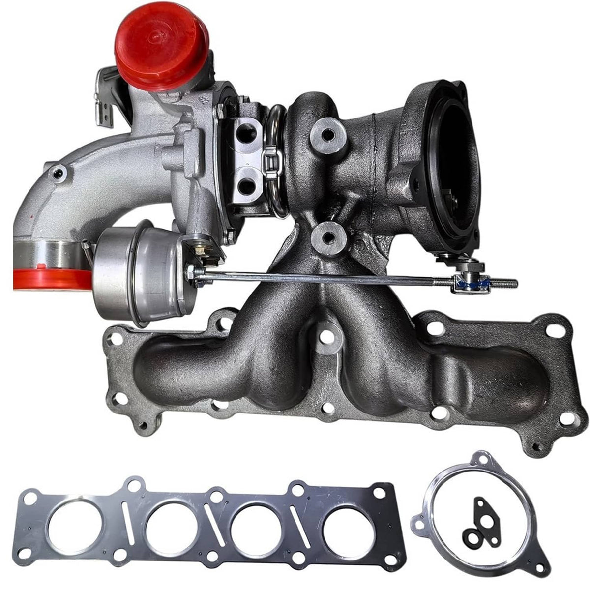 Turbocharger assembly with red cap, silver housing, and black exhaust manifold gasket