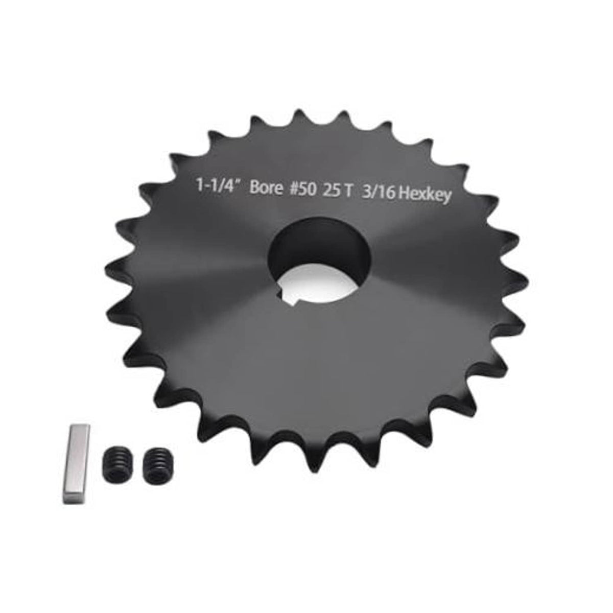 Black 25-tooth roller chain sprocket, 1-1/4 in bore with keyway and 1/4 in key