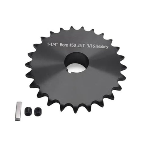 Black 25-tooth roller chain sprocket, 1-1/4 in bore with keyway and 1/4 in key