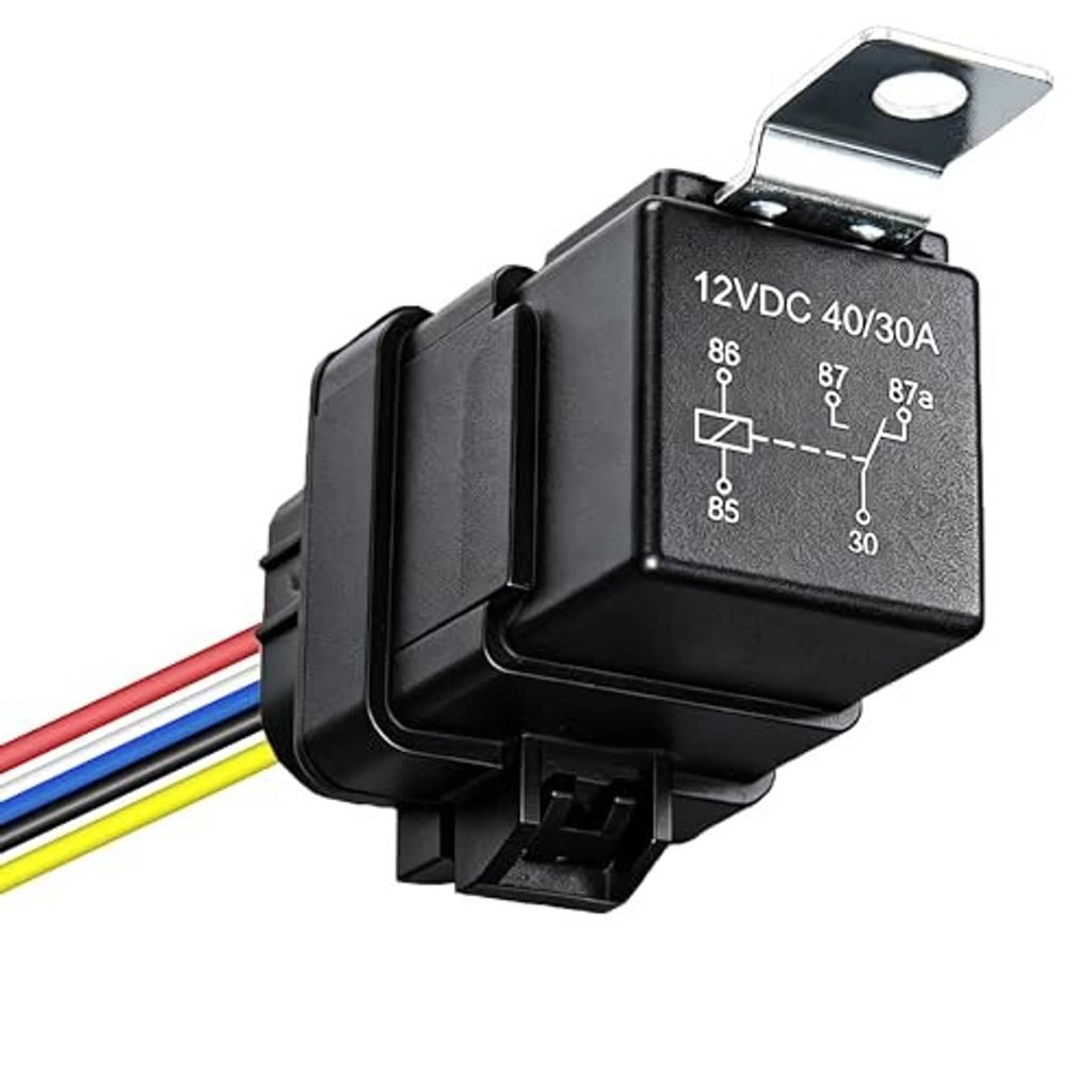 Black 5-pin automotive relay with 12VDC 40/30A markings and wire harness, top mount