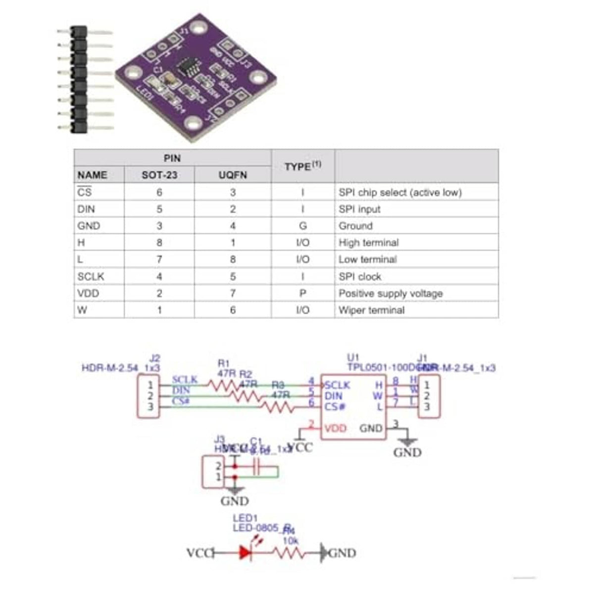 Digital potentiometer module PCB in purple with long pin header and four mounting holes.