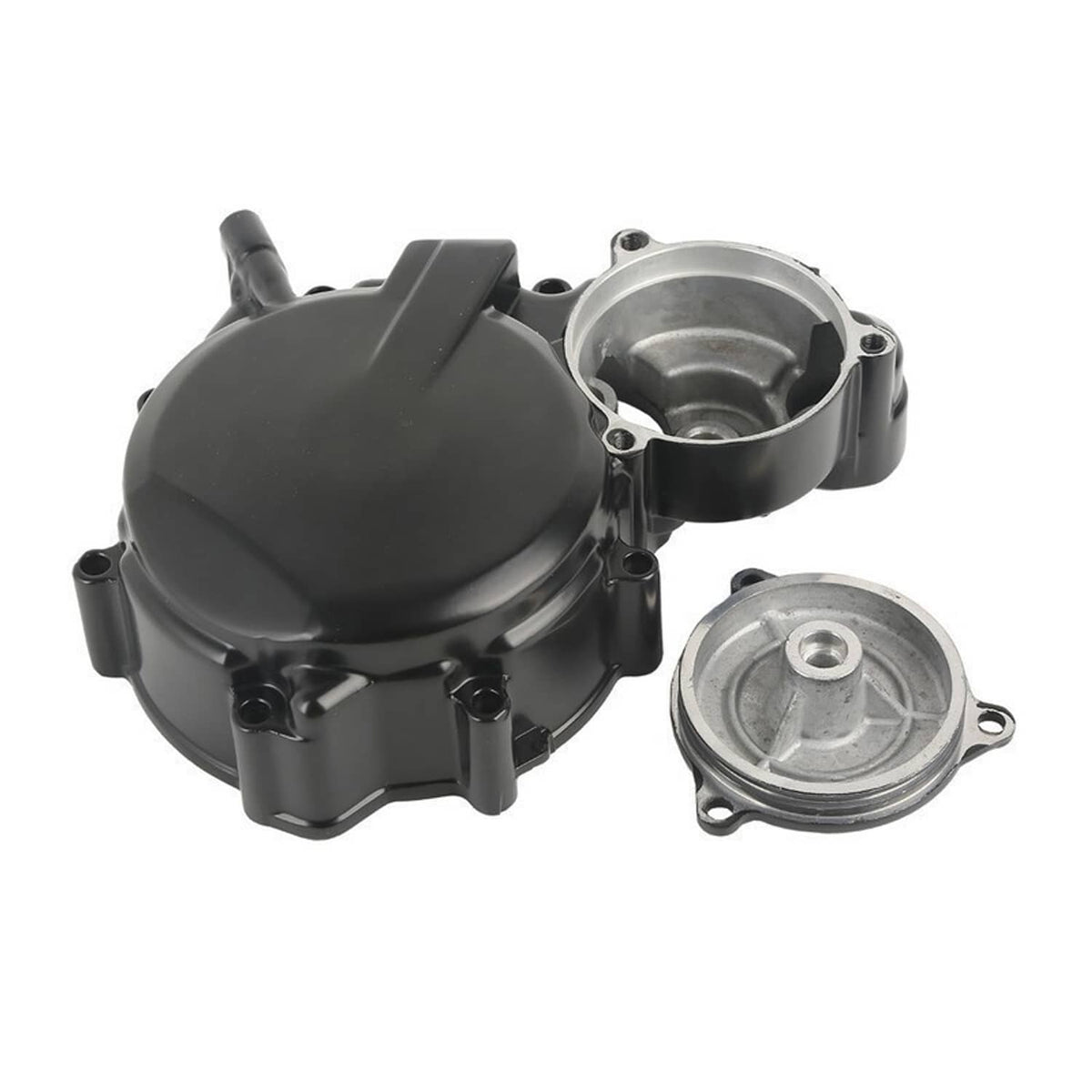 Black engine cover with silver cast side cap and round housing