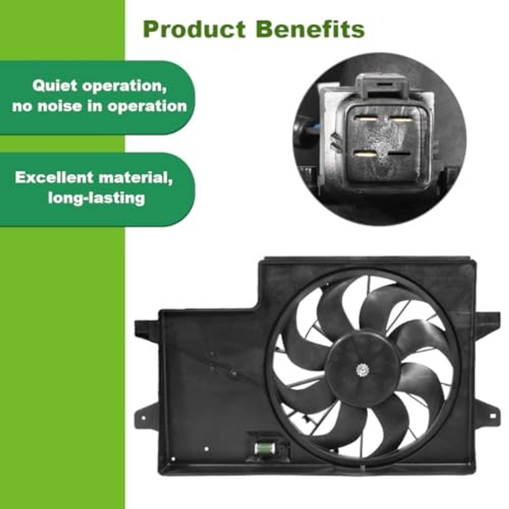 Radiator cooling fan assembly with black fan and shroud plus electrical connector detail