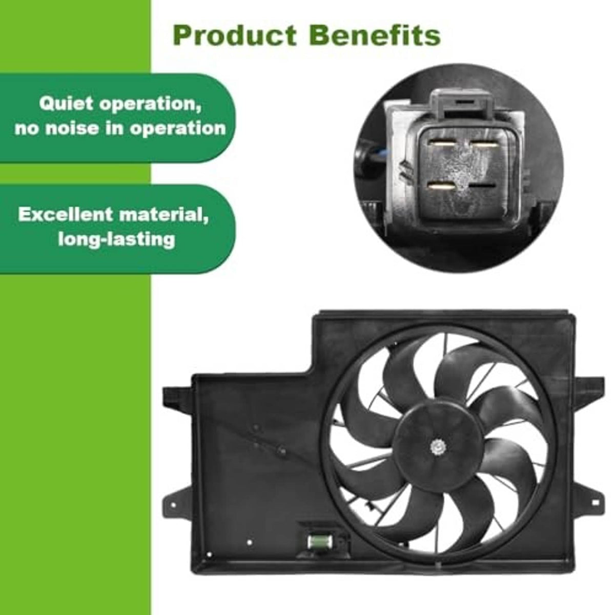 Radiator cooling fan assembly with black fan and shroud plus electrical connector detail