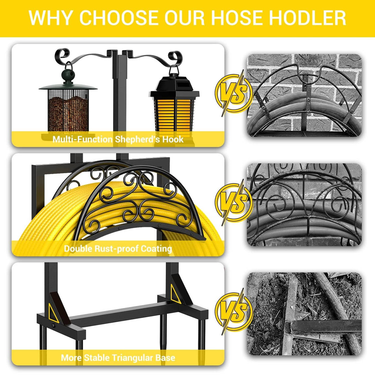 Black hose holder with ornate double-arc top, hooks, and stable triangular base