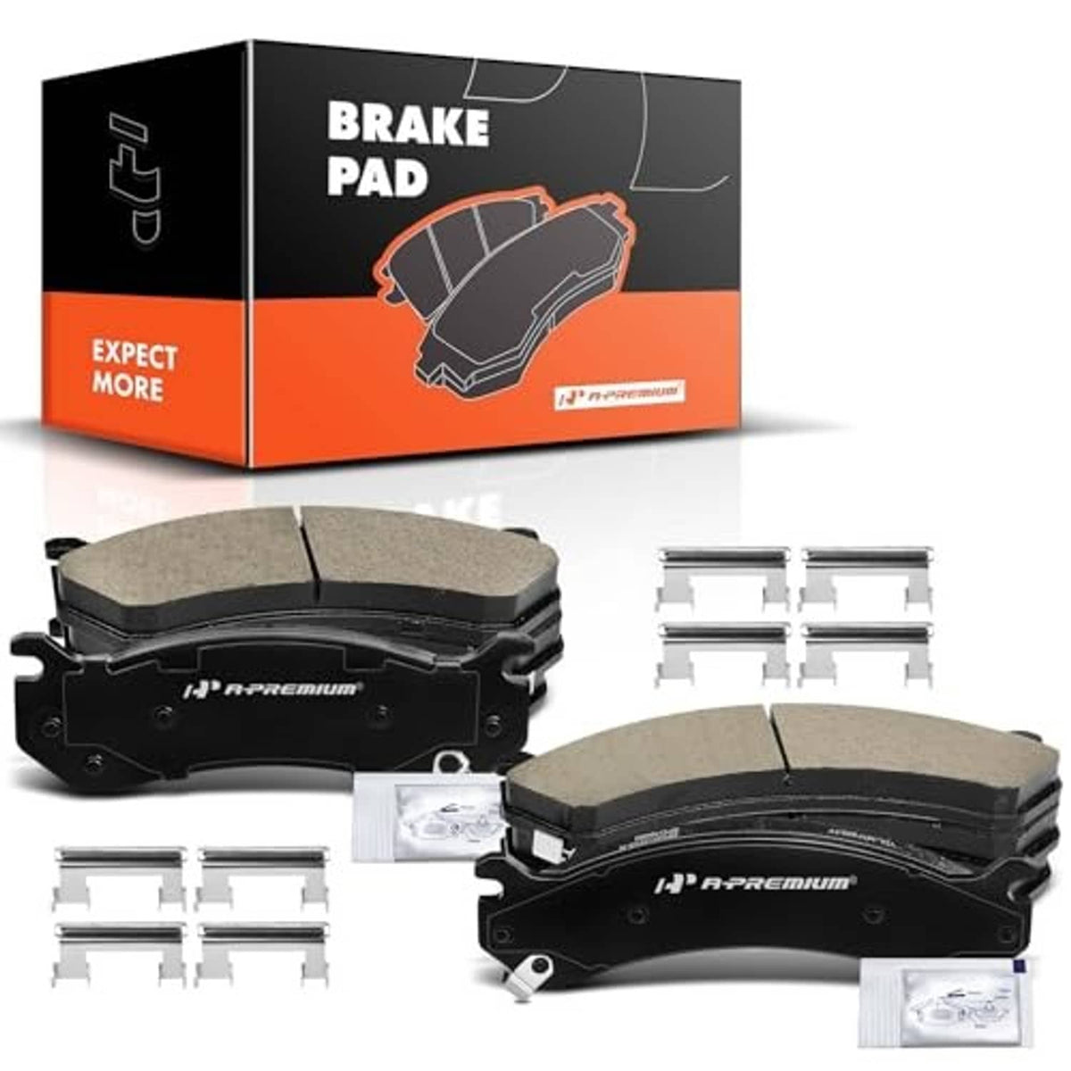 Ceramic brake pads set with two dark gray pads and metal mounting hardware