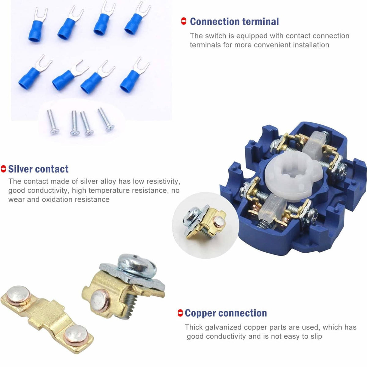 Changeover switch terminal contacts with silver contact parts and blue base