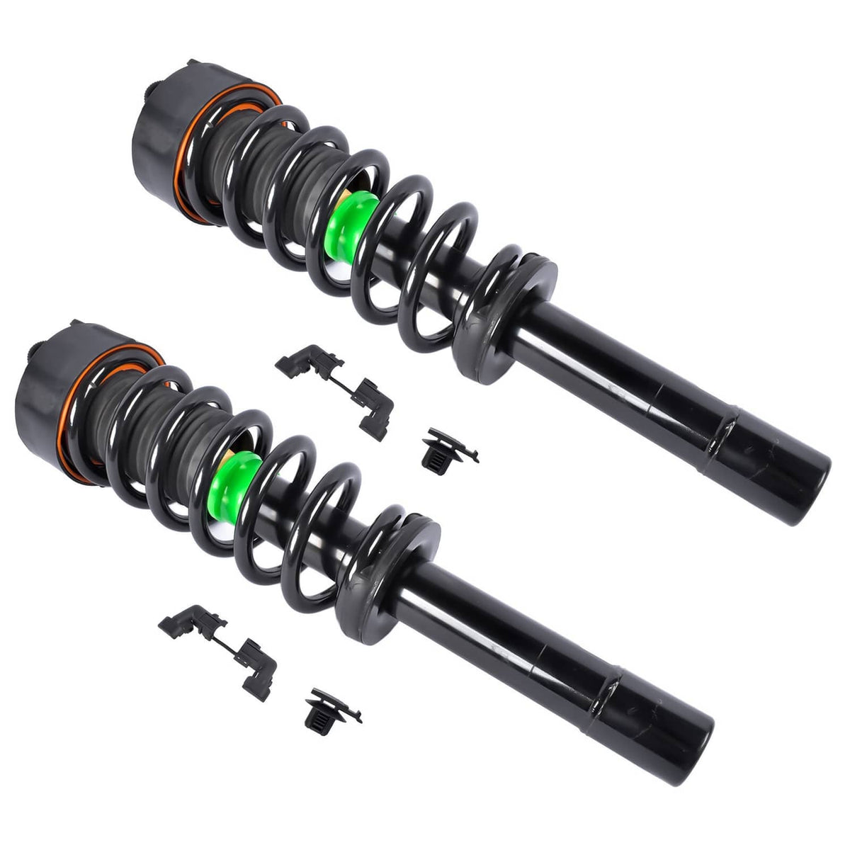 Two front struts with black coil springs, green markers, and electrical connector hardware