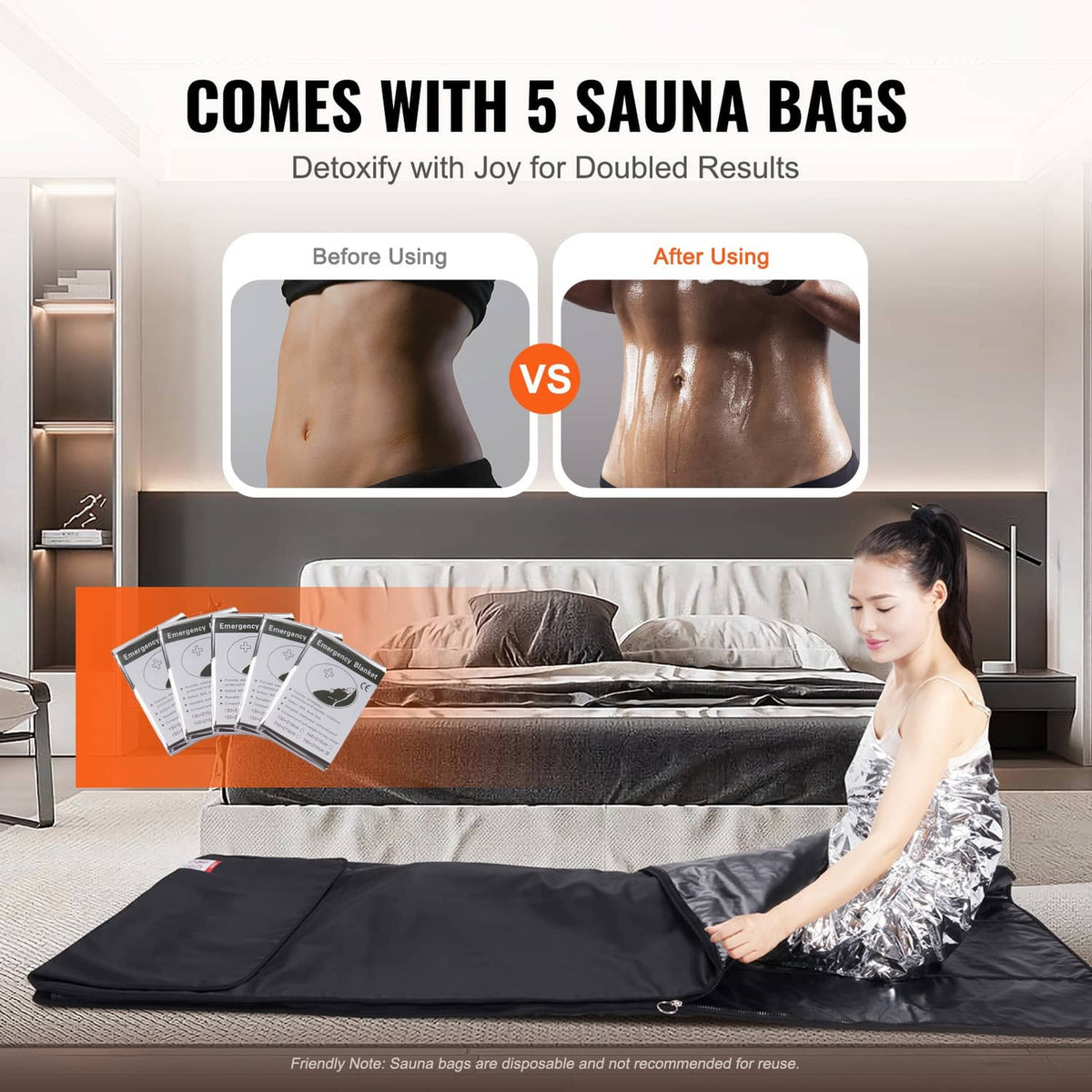 Infrared sauna heating blanket on the floor with a user and multiple sauna bags