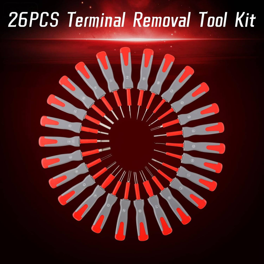 Red and gray terminal removal tools, arranged in a circular set