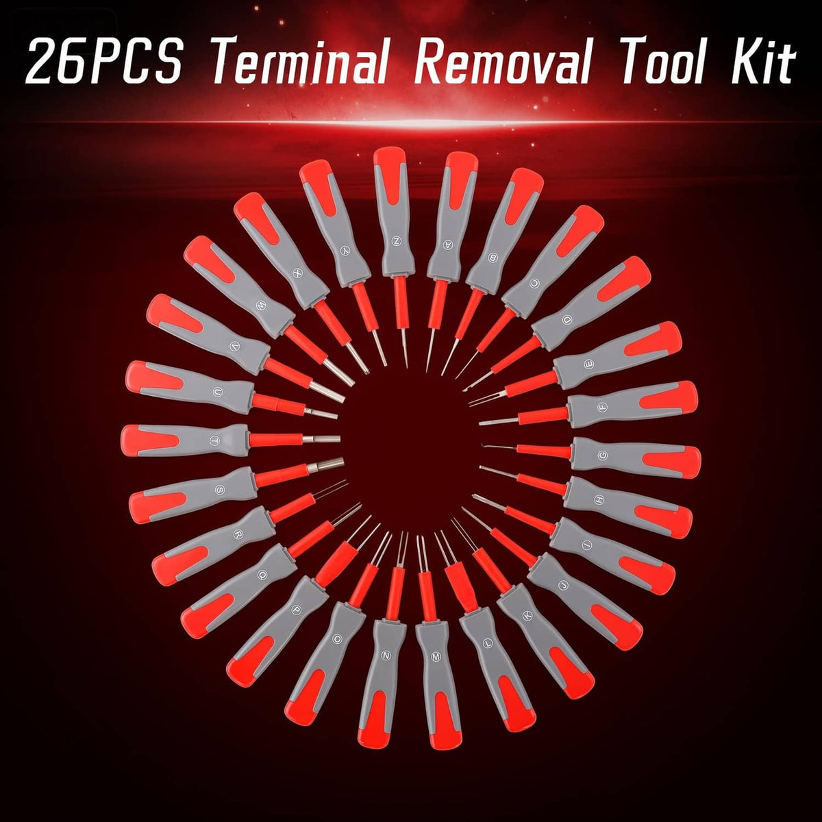 Red and gray terminal removal tools, arranged in a circular set