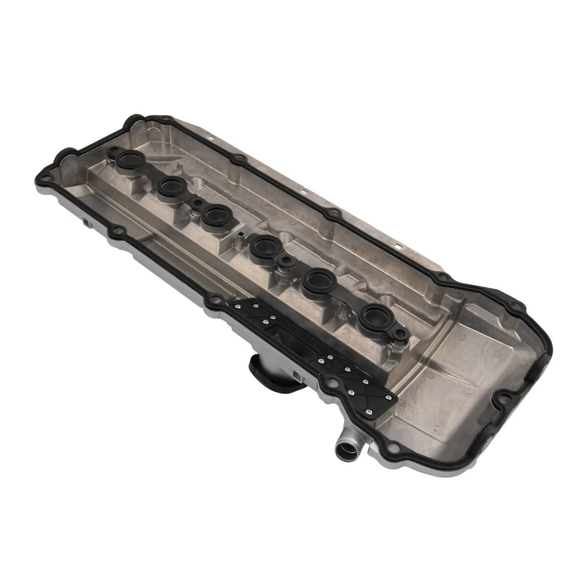 Aluminum engine valve cover with gasket, silver interior and black mounting edge