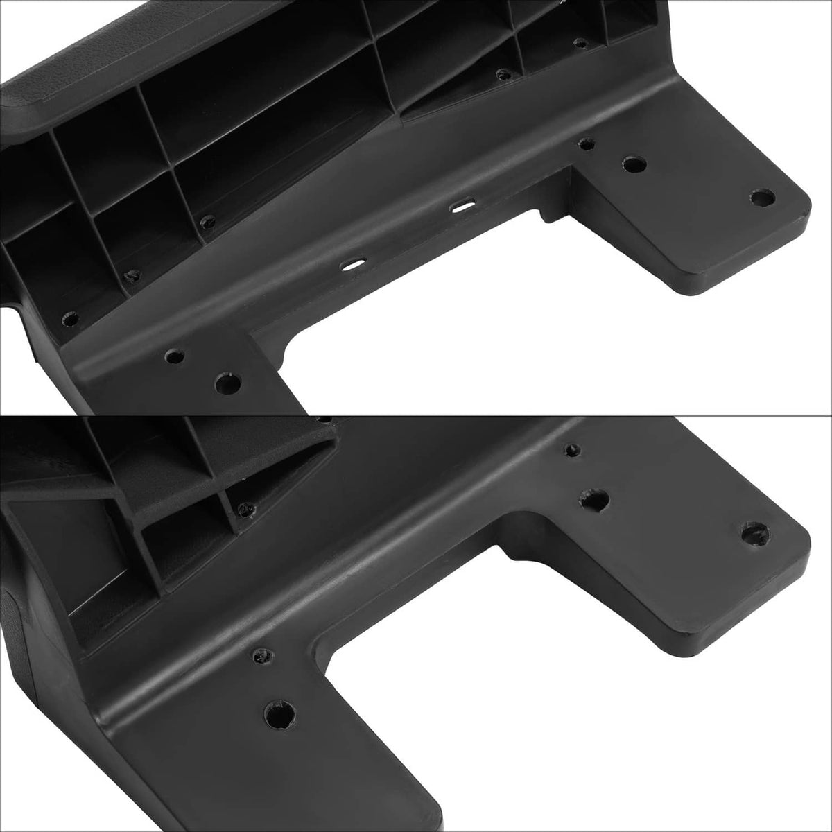 Black plastic hip restraint support bracket with mounting holes and molded contours.