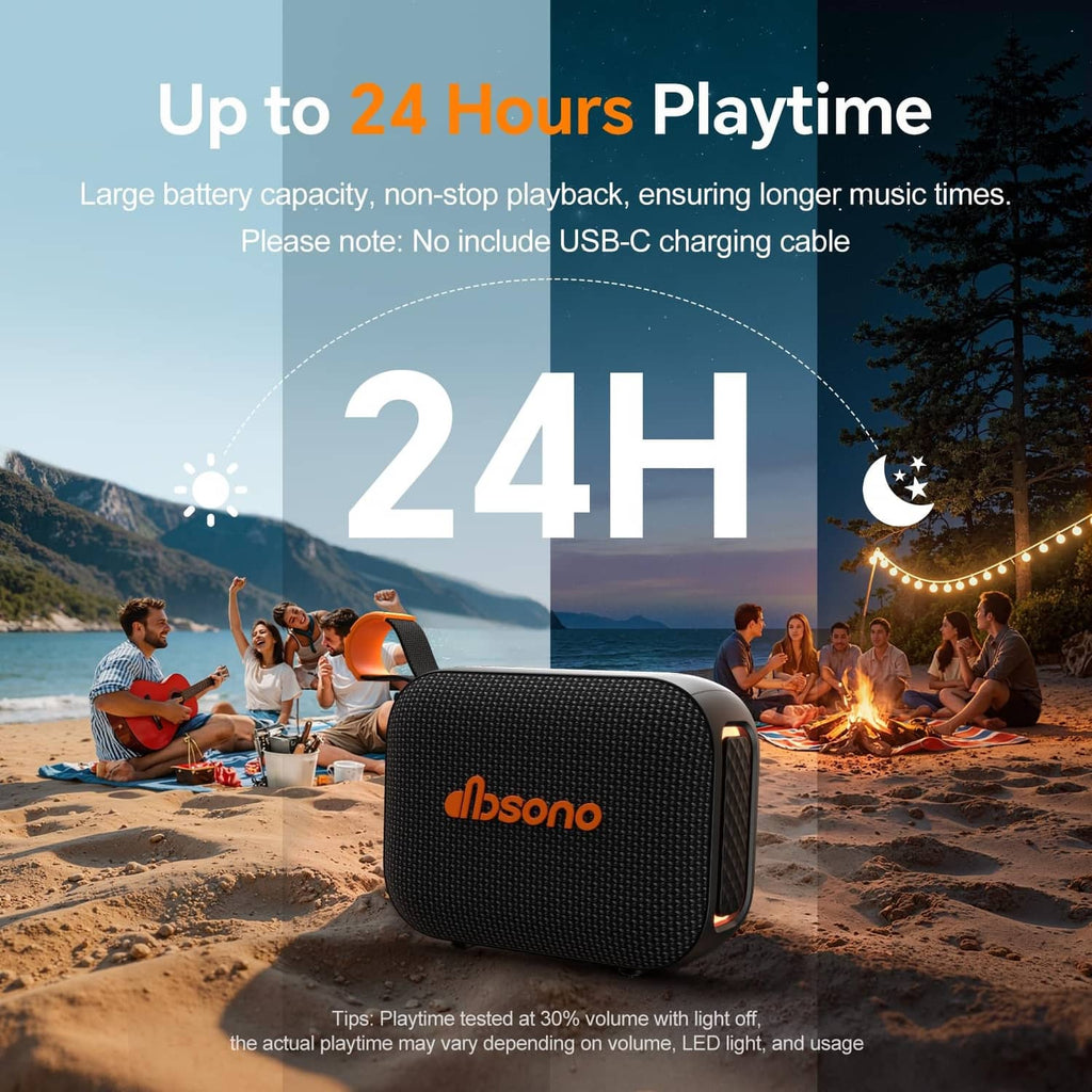 Portable Bluetooth speaker on beach, black body with orange logo and compact shape