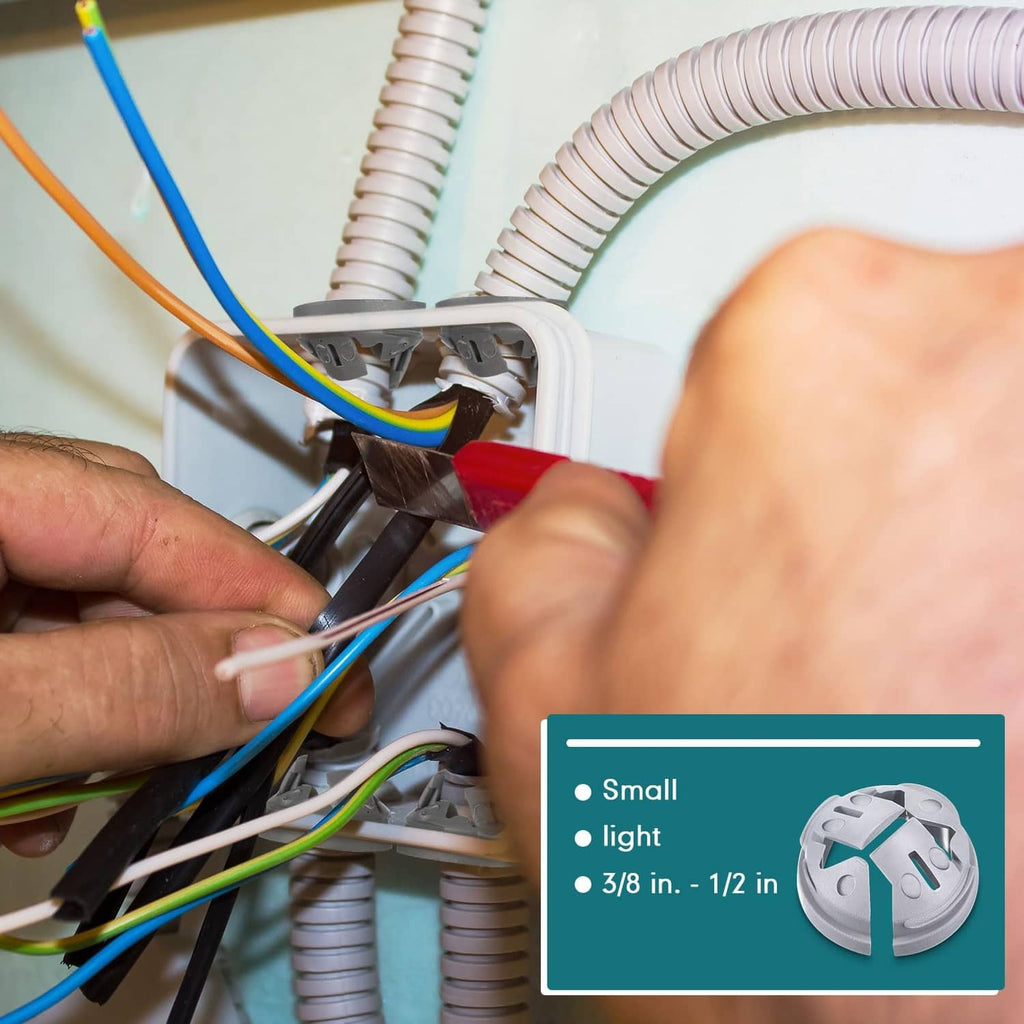 Gray non-metallic push-in connector with multicolor wires and hands