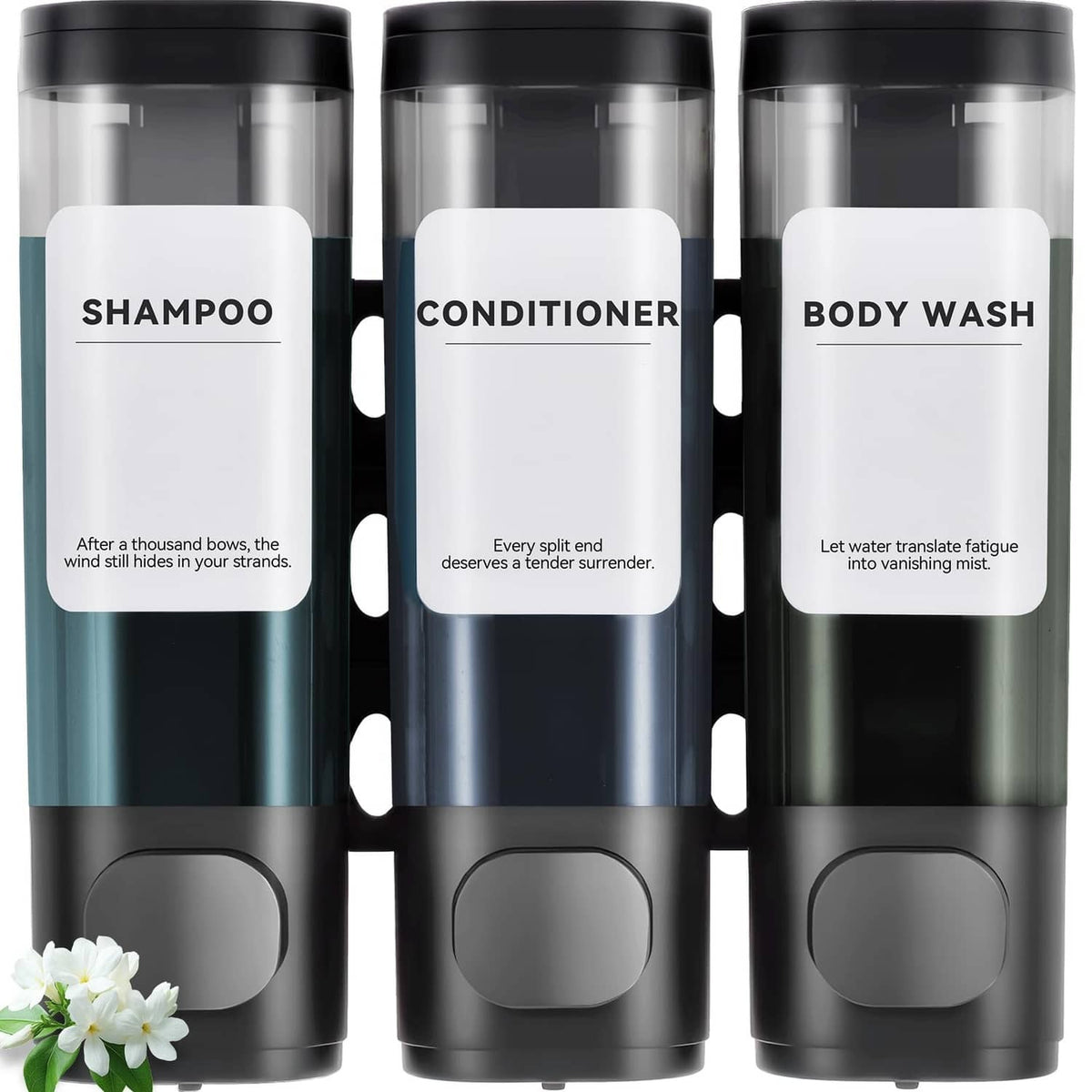 3-chamber black shower soap dispenser set for shampoo, conditioner, and body wash