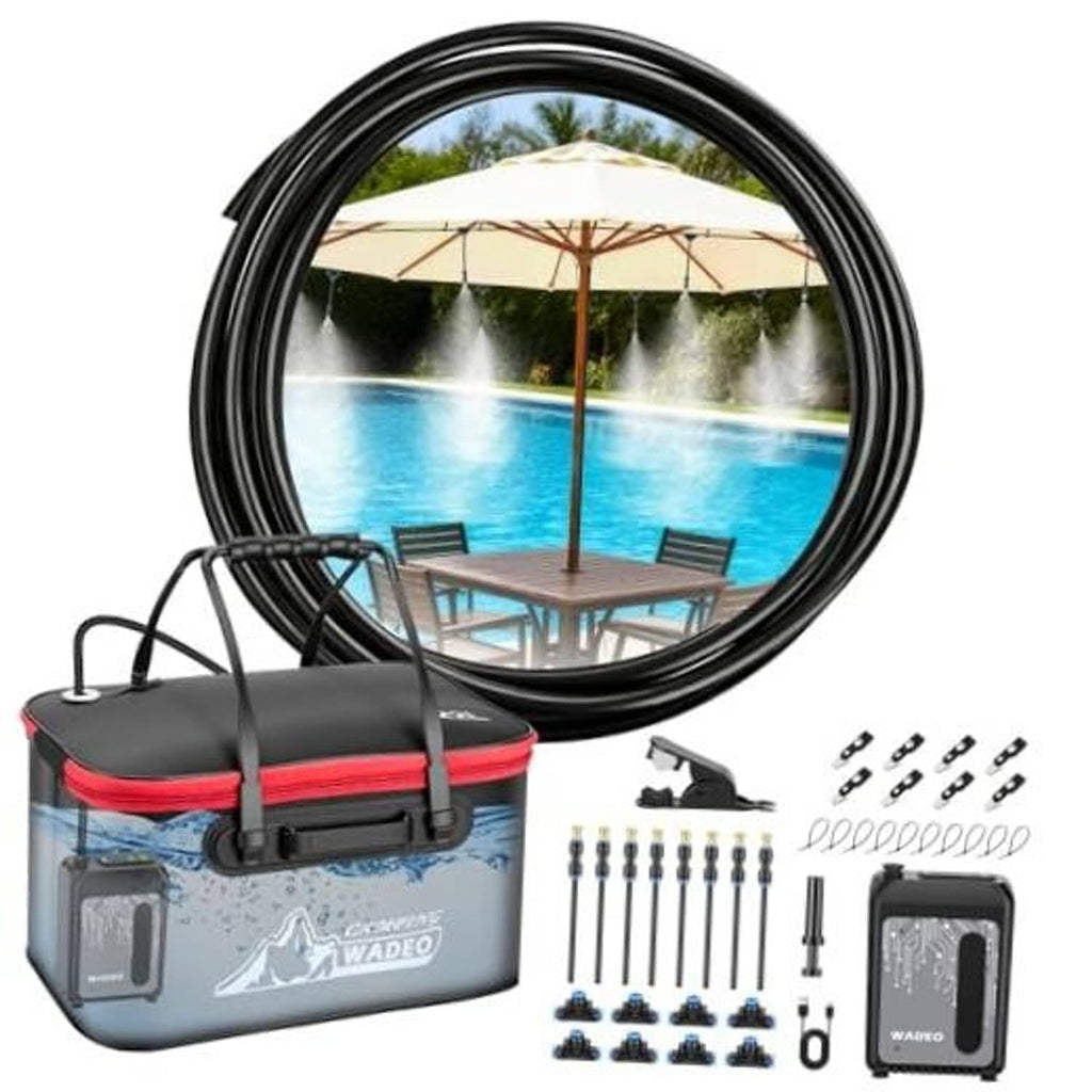 Outdoor portable misting kit with black hose ring and gray 6-gal water tank