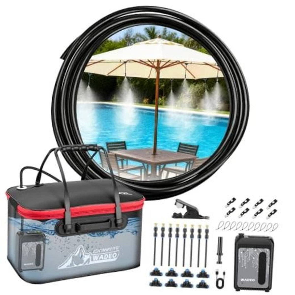 Outdoor portable misting kit with black hose ring and gray 6-gal water tank