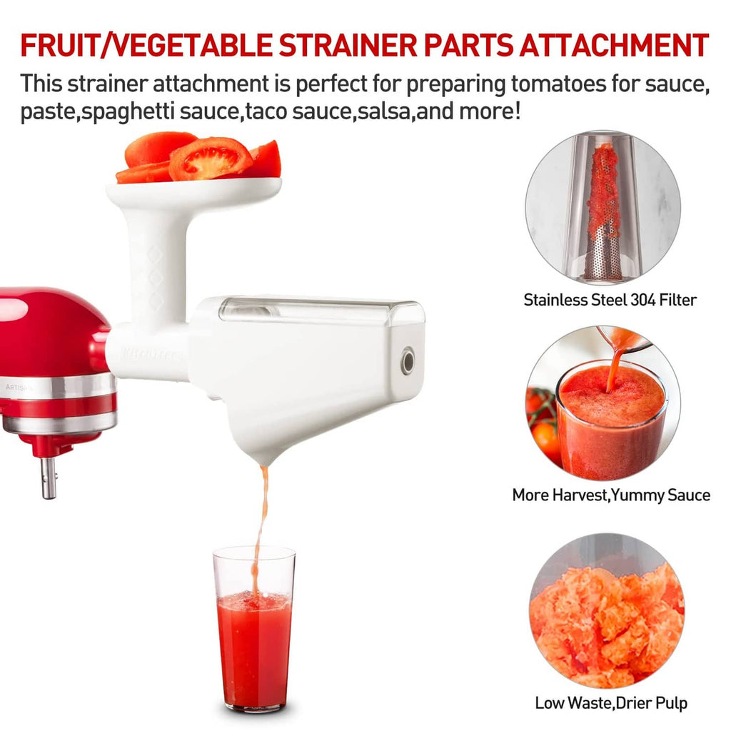 White strainer attachment with funnel spout, spare nozzles, and filter discs.