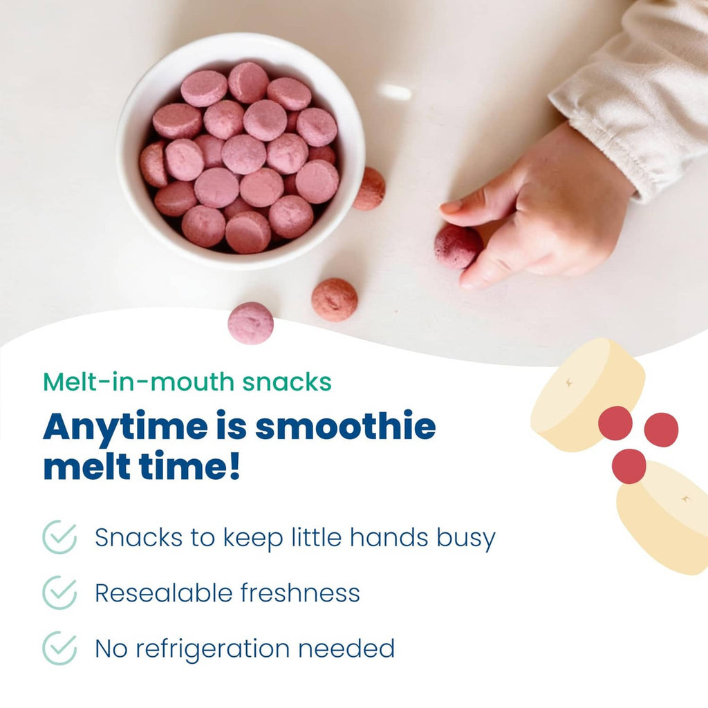 Organic smoothie melts bowl with pink berry melts and pouch for baby snacking.