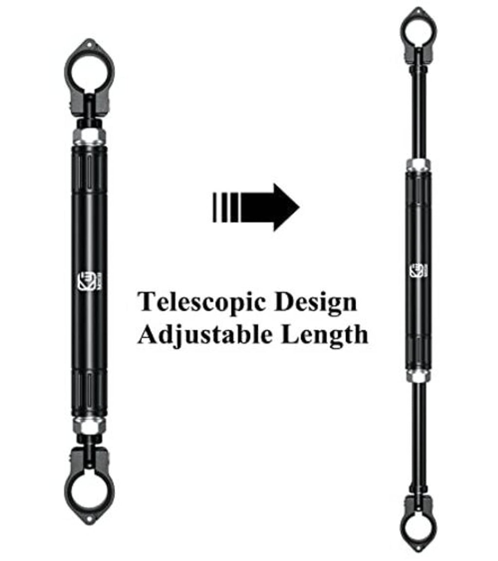 Telescopic motorcycle cross bar showing adjustable length with end eyelets