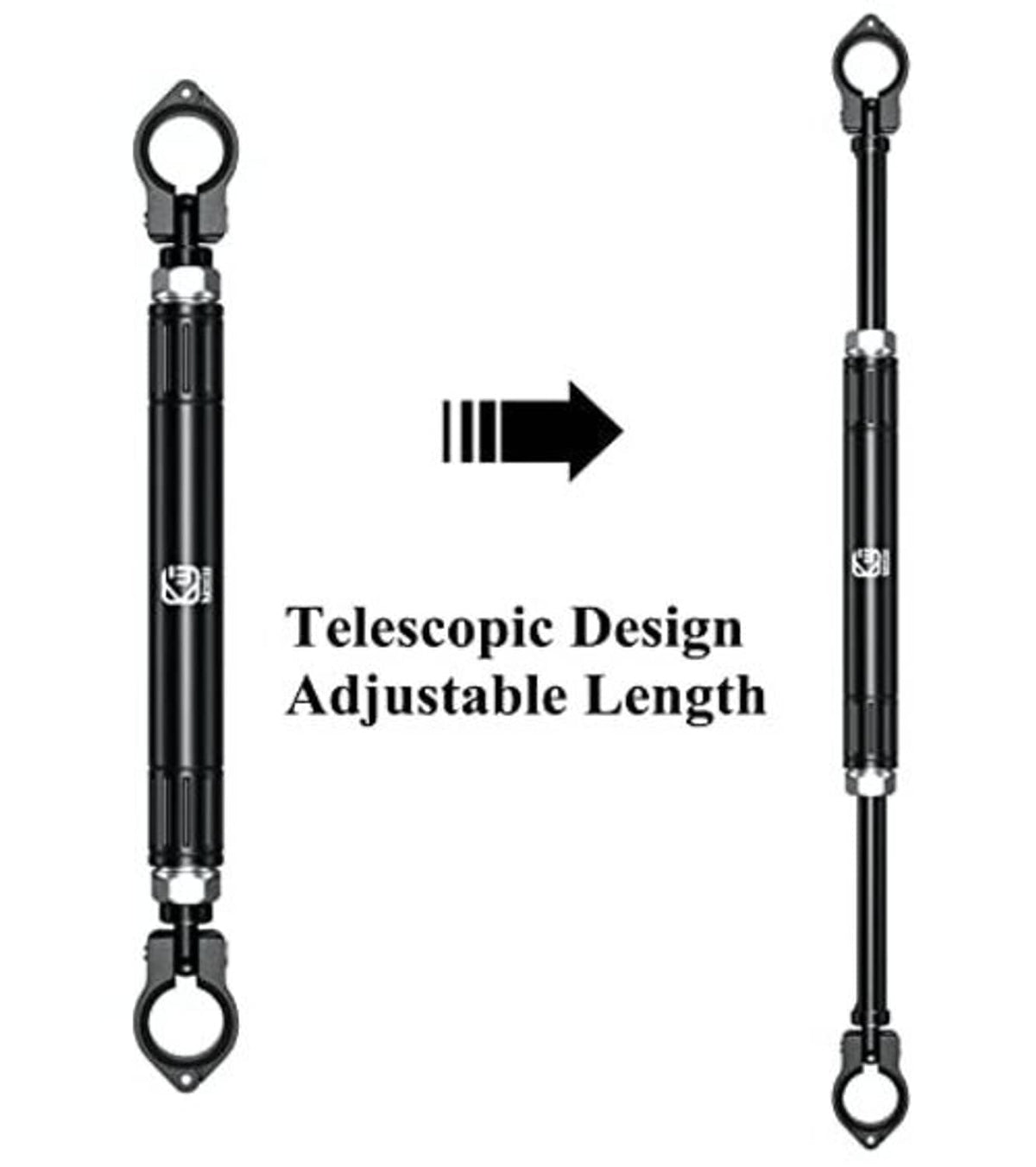 Telescopic motorcycle cross bar showing adjustable length with end eyelets