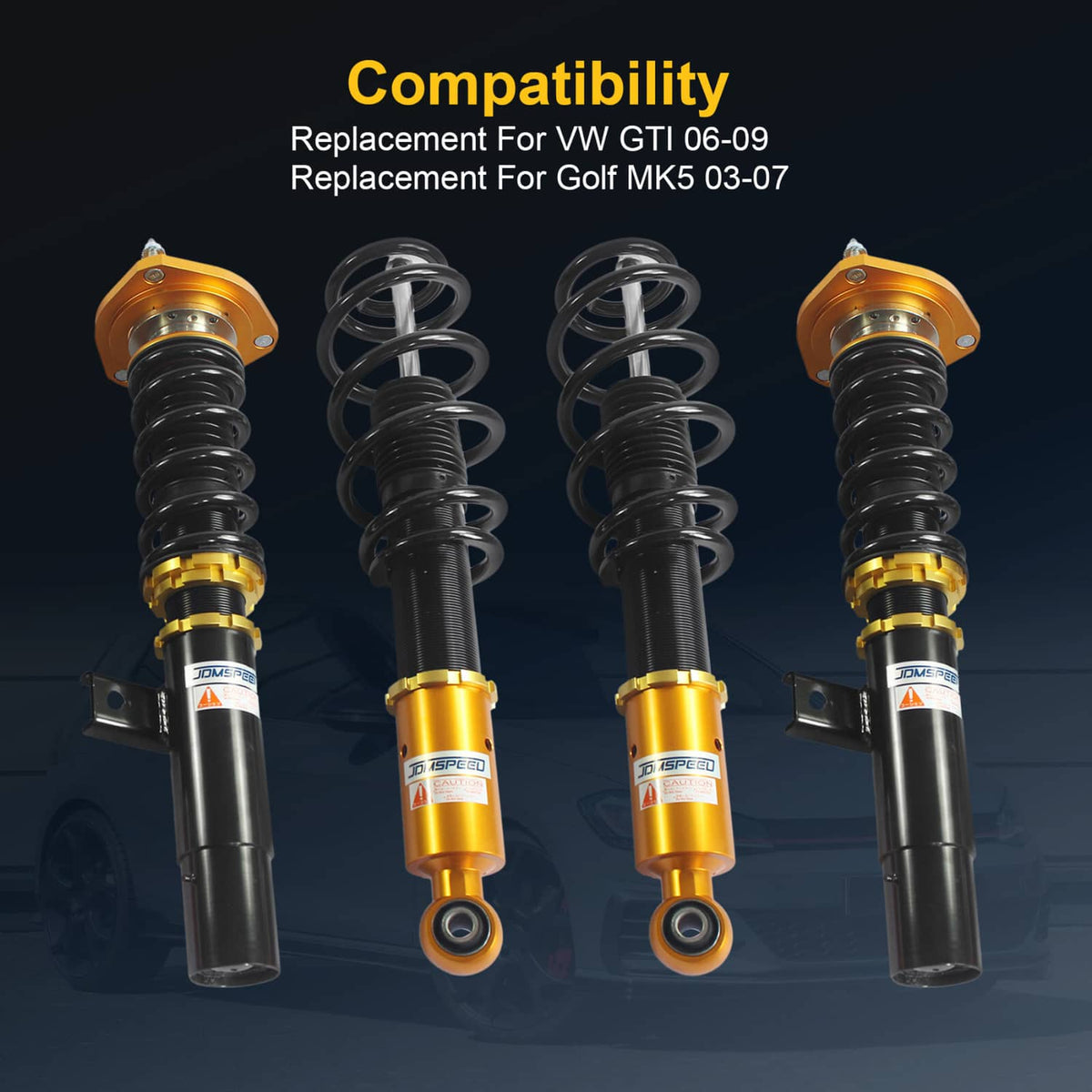 Four coilover struts with black springs and gold tops, replacement suspension kit
