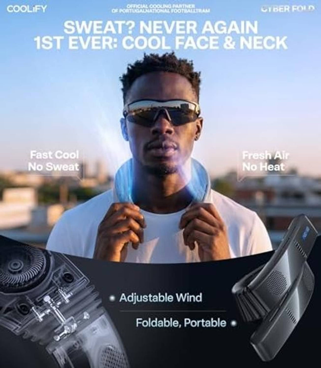 Black foldable neck air conditioner worn on a person’s face and neck area, adjustable airflow.