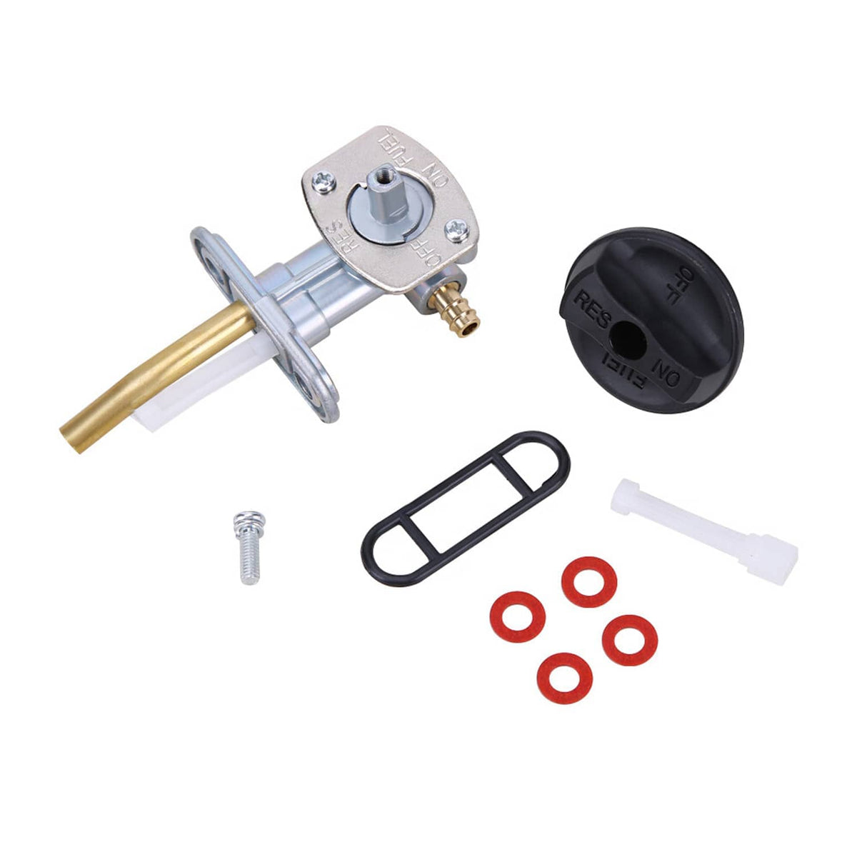 Fuel valve shut off petcock with black cap showing RES and NO, plus gasket and bracket