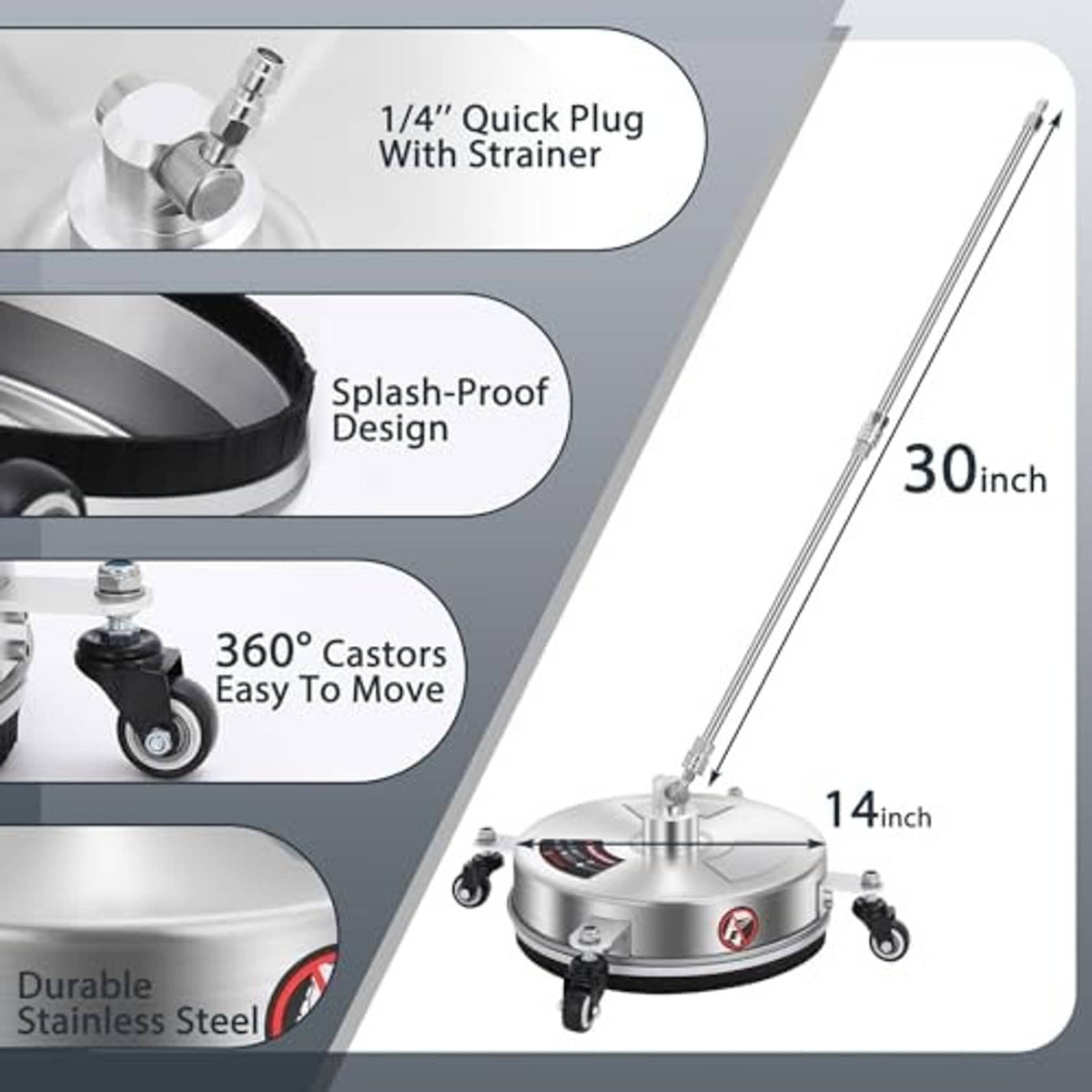Pressure washer surface cleaner with 14-inch head, long wand, and four caster wheels