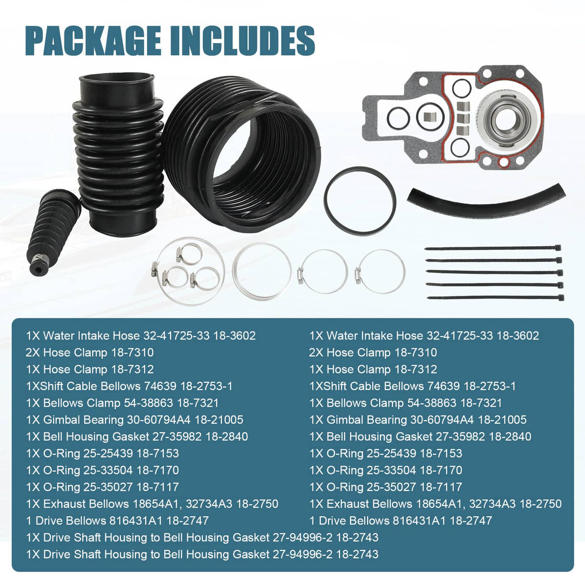 Transom bellows repair kit with black boots, hose, clamps, and gaskets