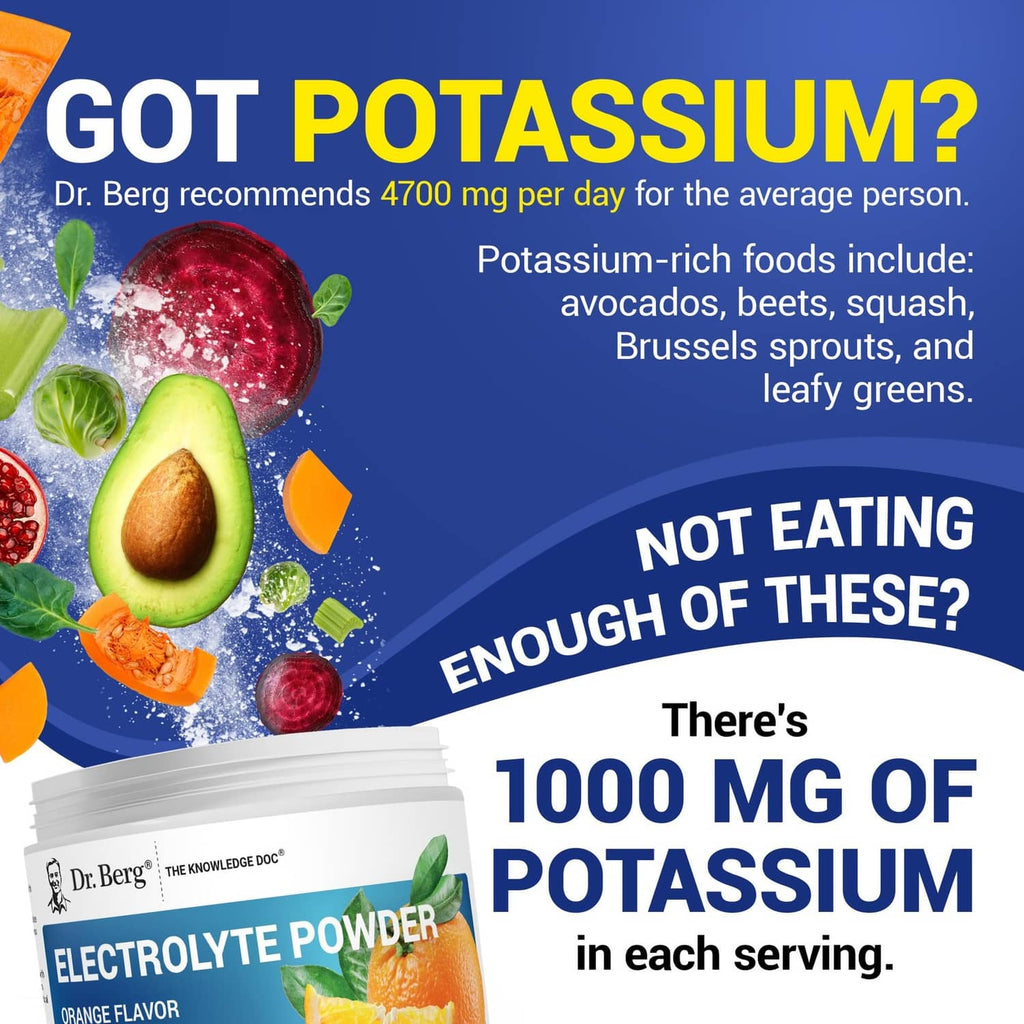 Dr. Berg electrolyte powder jar with orange flavor and potassium per serving graphic