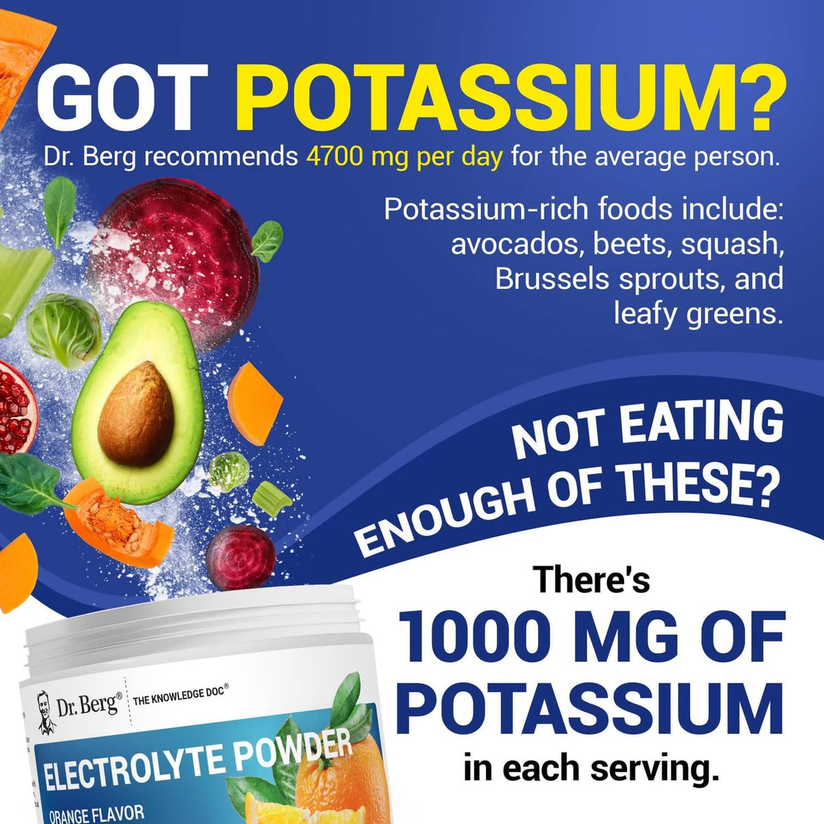 Dr. Berg electrolyte powder jar with orange flavor and potassium per serving graphic