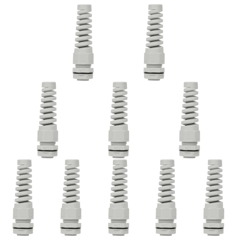 Grey NPT cable glands, multiple units with threaded ends and sealing nuts
