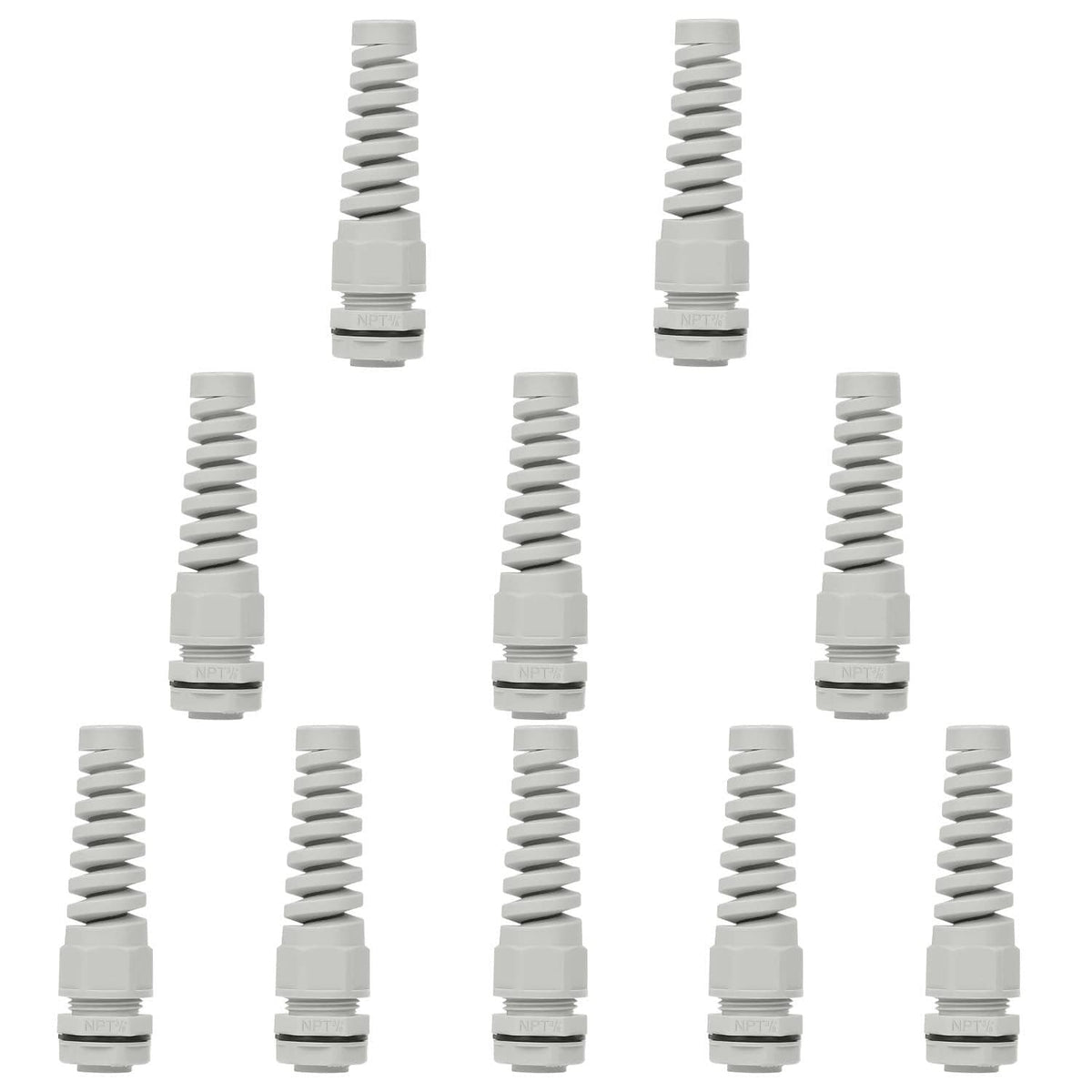Grey NPT cable glands, multiple units with threaded ends and sealing nuts