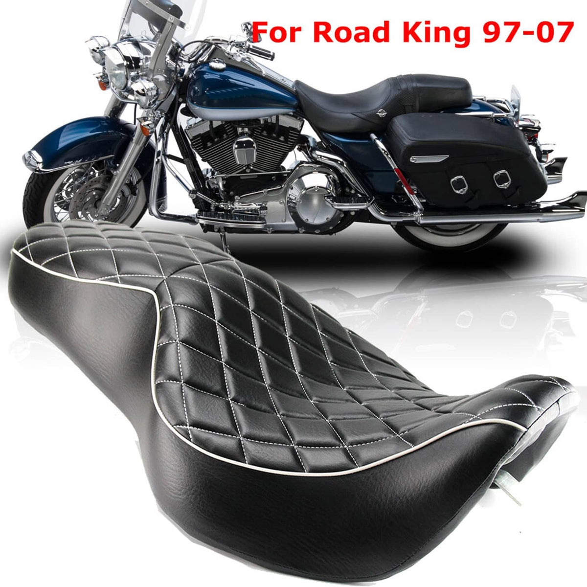 Black two-up motorcycle seat with diamond stitching and white contrast piping.