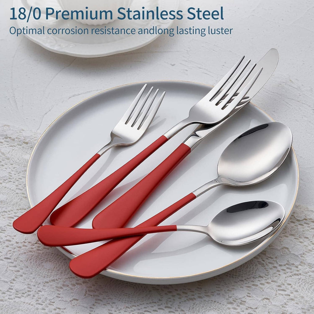 Mirror-polished stainless flatware with red handles: forks, spoons, and knives