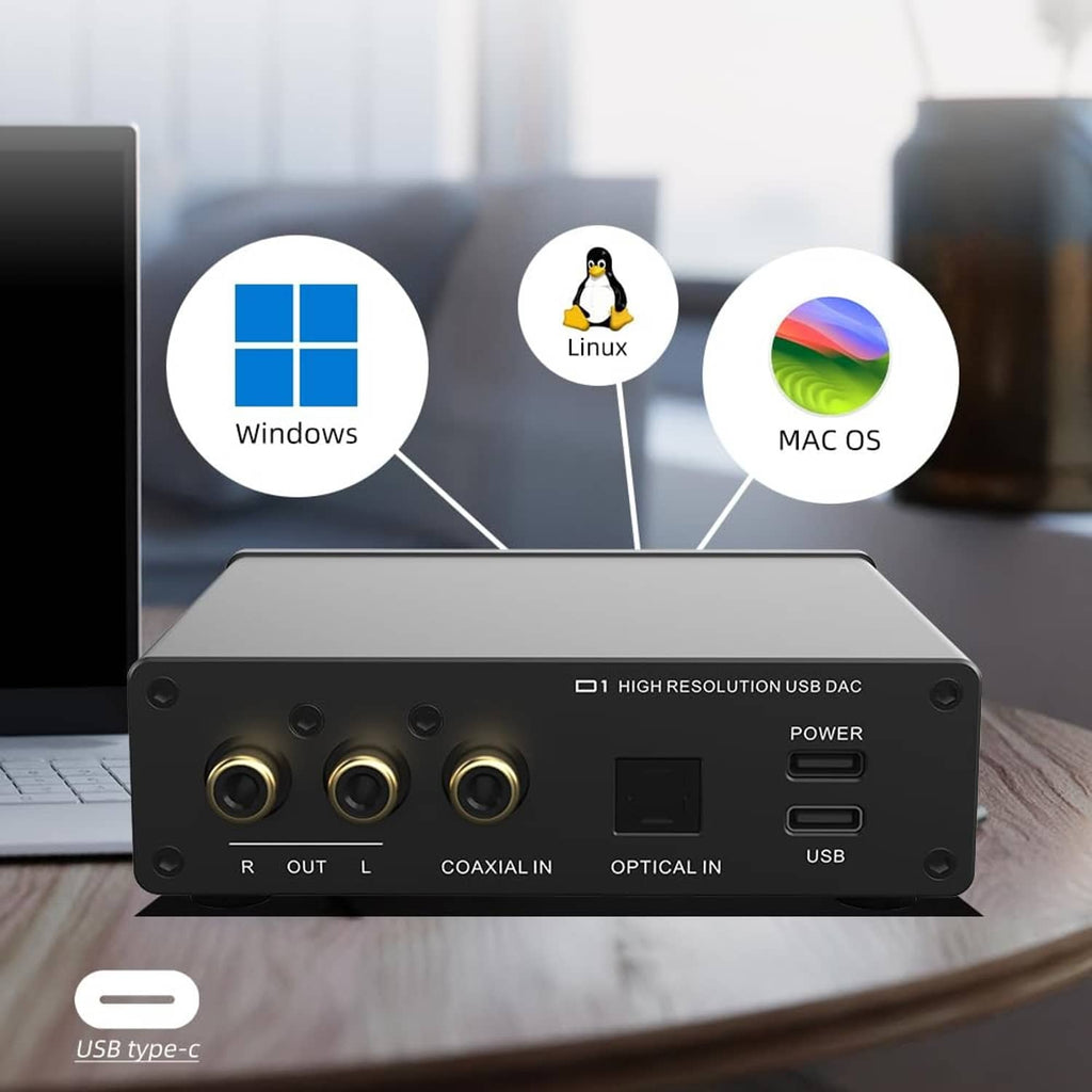Black SMSL USB DAC on desk with Windows, Linux, and macOS icons