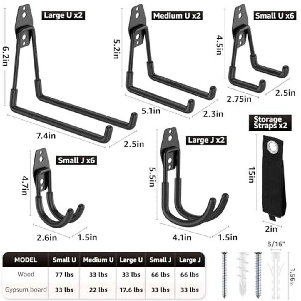 Garage hook size chart showing small, medium, and large U hooks with mounting plates